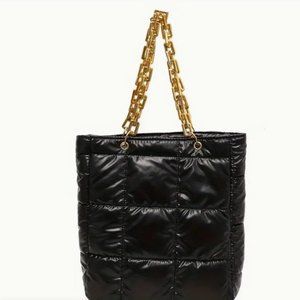 Black Quilted Tote Puffy Bag Purse Gold Chain Strap